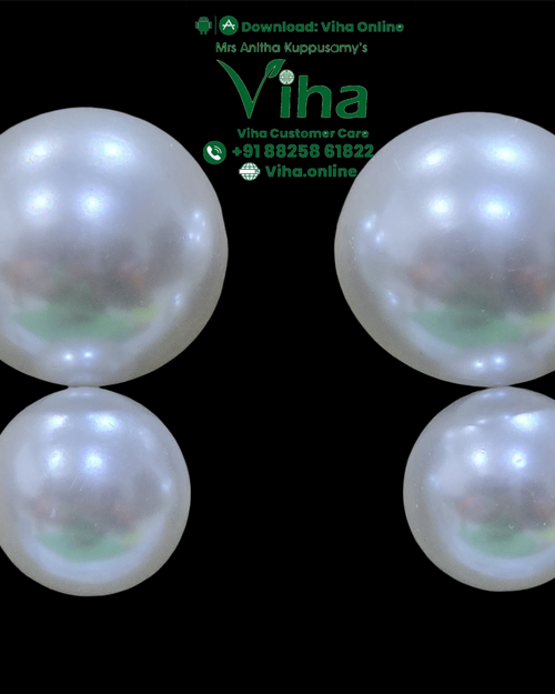 White Beads Fancy Stud, two pairs of glossy white round beads, each featuring one larger upper bead and one smaller lower bead