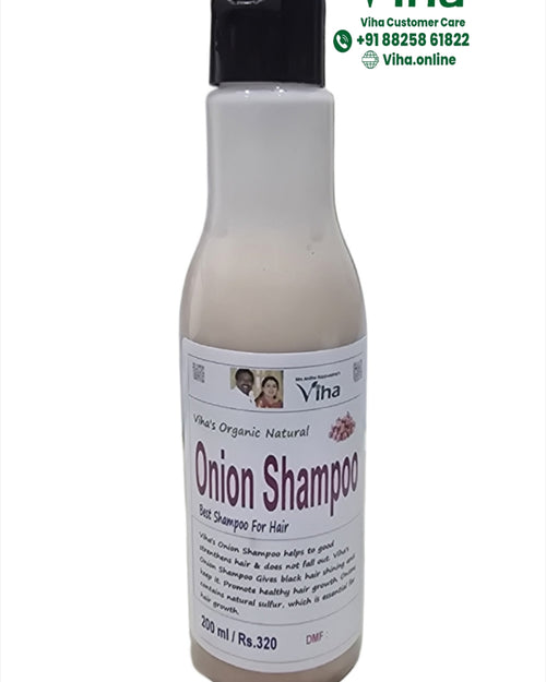 Viha's Onion Shampoo - Herbal, a tall clear plastic bottle with a black flip-top cap, filled with beige liquid and bearing a white label