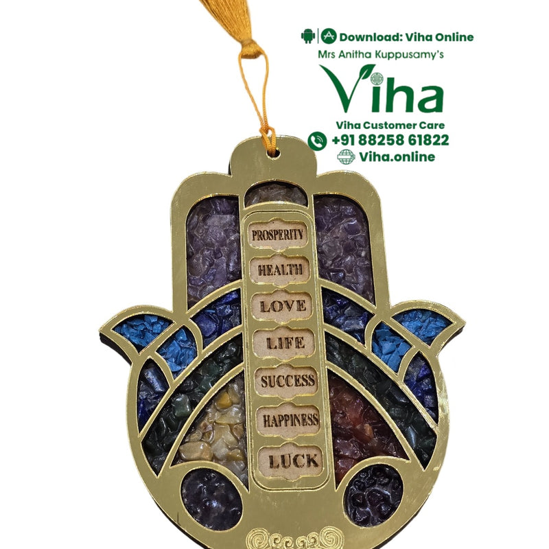 Good Luck & Success Hamsa Hand Chakra - Wall Hanger, tassel attachment and inlaid stones