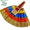 Amman Pavadai Set, a pleated, multi-colored fabric garment featuring yellow, blue, orange, and maroon sections, trimmed with shiny gold-toned patterned borders