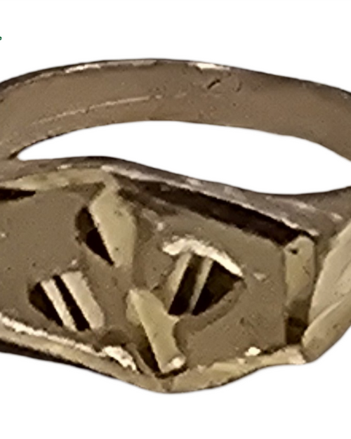 Impon Ring, circular band with a flat rectangular top and cut-out patterns