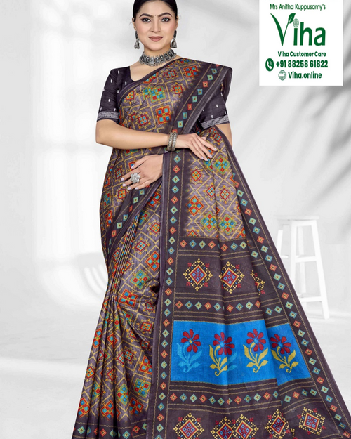 100% Pure Cotton Saree With Blouse in dark purple with bright geometric patterns
