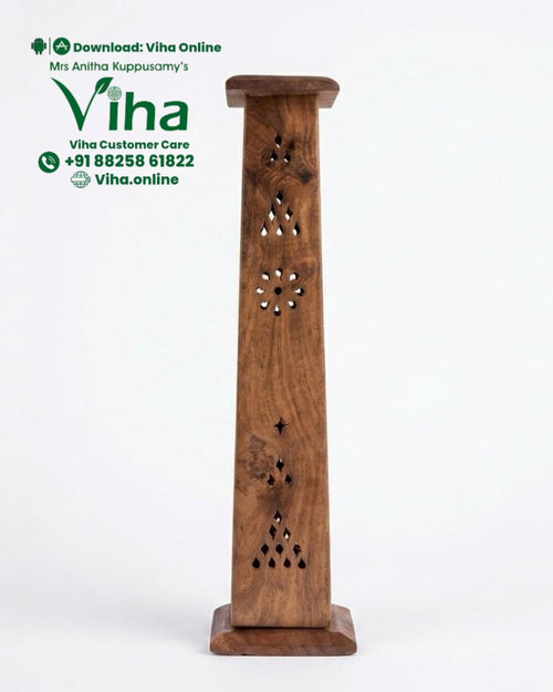 Incense Holder - Tower Stand, a brown wooden vertical tower with a smooth finish, featuring carved geometric cutout patterns along its front surface