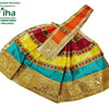 Amman Pavadai Set, a multi-colored pleated garment with alternating bands of pink, yellow, and teal, trimmed with gold-toned brocade borders and patterned trim