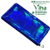 3D Glitter Hand Purse, a rectangular, blue iridescent wallet with a geometric triangle panel overlay and a silver-toned zipper puller