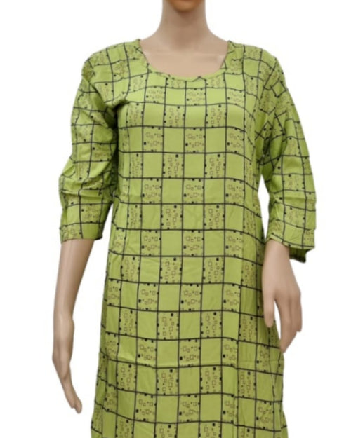 Soft Cotton Kurti - XXL, a green long-sleeved tunic features a black grid pattern enclosing small dark squares and symbols across its smooth surface