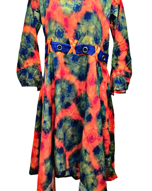 Soft Cotton Kurti - L, a long-sleeved tie-dye dress in orange, green, and blue featuring a blue neckline and waistband decorated with small beads