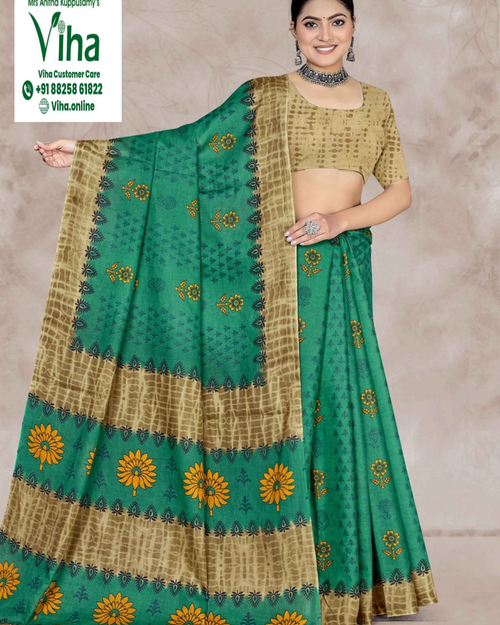 100% Pure Cotton Saree With Blouse in green, beige and yellow with a floral print and geometric border