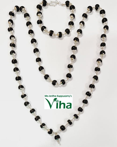 Karungali Silver Mala & Bracelet With Cappings with 108+1 beads and silver cappings