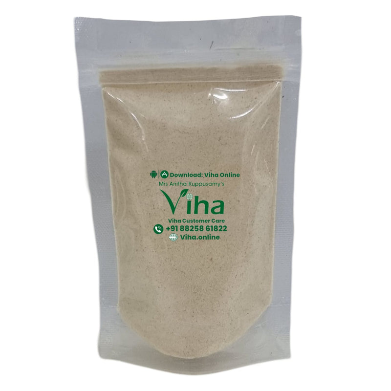 Banana Fruit Powder, a tall transparent plastic pouch filled with beige-colored powder