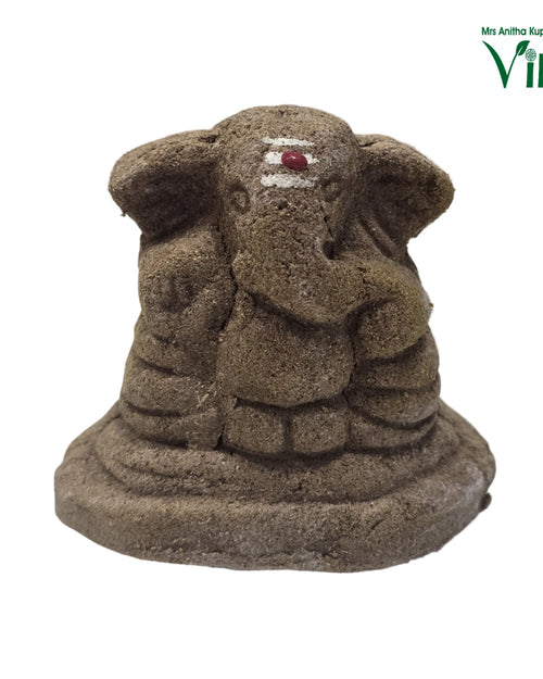 Panchagavya Ganesha Statue, brown textured figurine with three white horizontal stripes and a red spot on the forehead