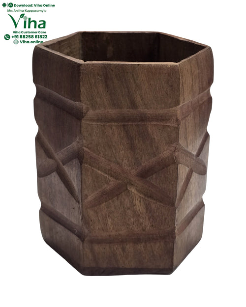 Wooden Pen Holder / Pen Stand with carved geometric pattern on the exterior