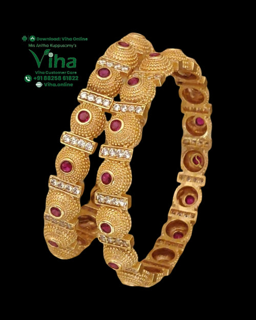 Designer Fancy Bangles, textured round beads set with red stones