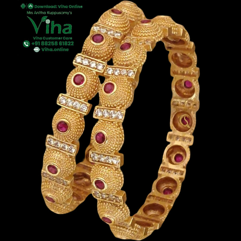 Designer Fancy Bangles, textured round beads set with red stones