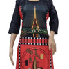 American Crepe Kurti Size :- XL, a mannequin wearing a black and red long-sleeve dress featuring an Eiffel Tower graphic and a framed still-life print