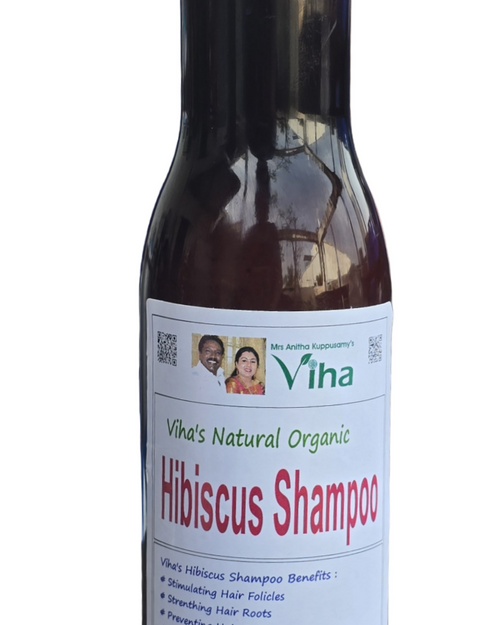 Viha Hibiscus Shampoo, a brown plastic bottle with a black flip-top cap features a white label with text and two small inset portraits