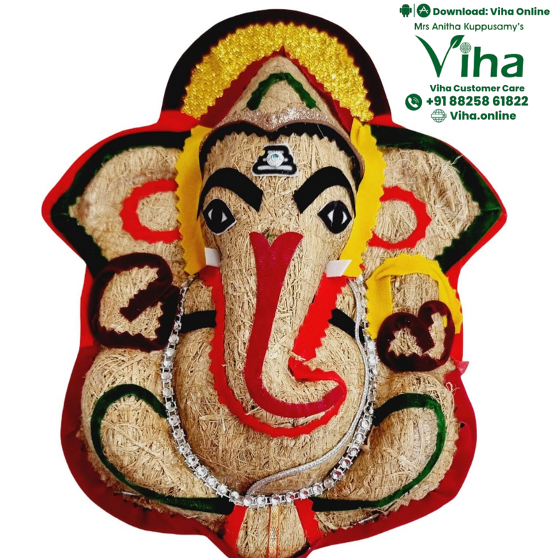 Vettiver Vinayagar, Ganesha face woven from vettiver root with painted red and black outlines and large ears