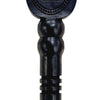 Karungali Wood Vel, a dark-coloured object with a teardrop-shaped top featuring embossed floral motifs, a ridged stem, and a two-tiered round base