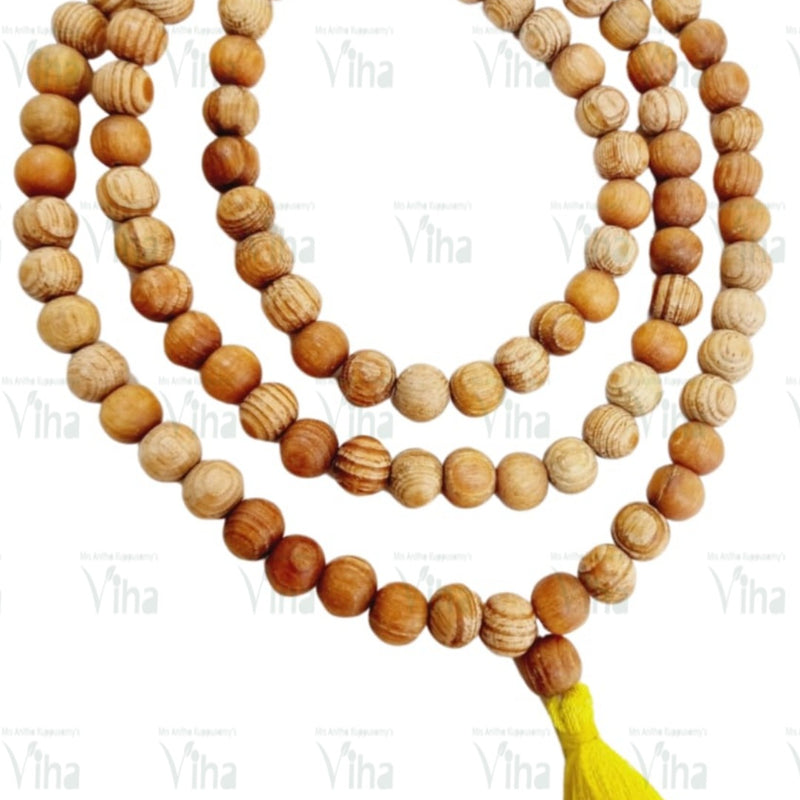 Devadaru Wood Mala Original (Deodar / Cedar Wood) / Devadharu, three concentric circles of brown grained wood-like beads with yellow tassel