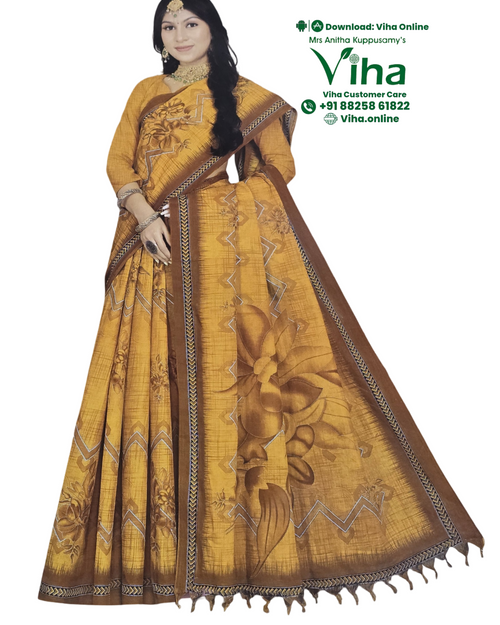 100% Pure Cotton Saree With Blouse, mustard yellow and brown, floral print and geometric zigzag border