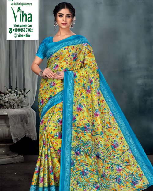 100% Pure Cotton Saree With Blouse in yellow and blue with a floral pattern and wide blue border