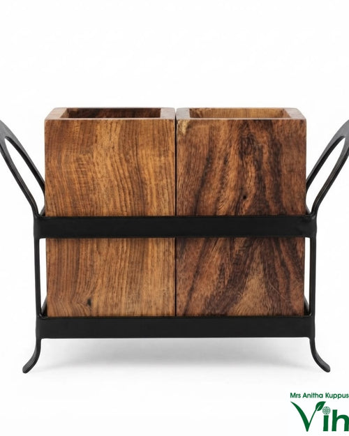 Wooden Cutlery Stand, two brown wood-grained rectangular containers sitting inside a black metal frame with four feet and two side handles