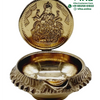 Lakshmi Kuber Vilakku Brass / Kubera Vilakku / Kuber Lamp, gold-toned metal bowl with a raised rim and an upright circular lid showing an embossed figure