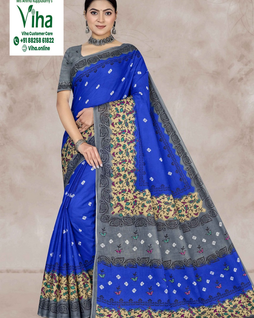 100% Pure Cotton Saree With Blouse in blue, grey and beige with floral and paisley patterned border