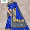 100% Pure Cotton Saree With Blouse in blue, grey and beige with floral and paisley patterned border