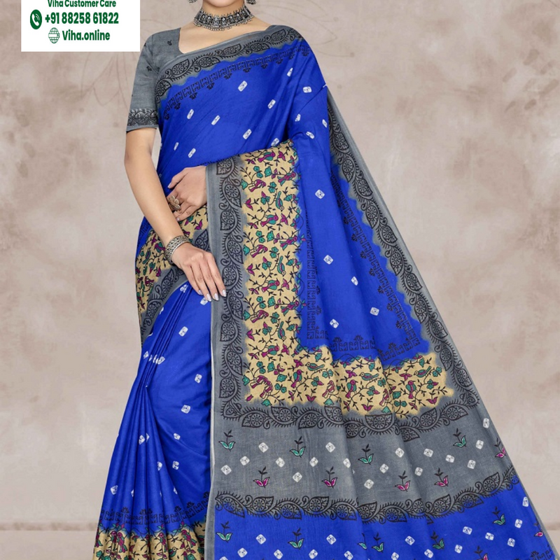 100% Pure Cotton Saree With Blouse in blue, grey and beige with floral and paisley patterned border