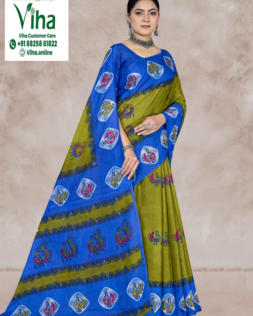 100% Pure Cotton Saree With Blouse, blue and olive green, peacock motif patterns and geometric border