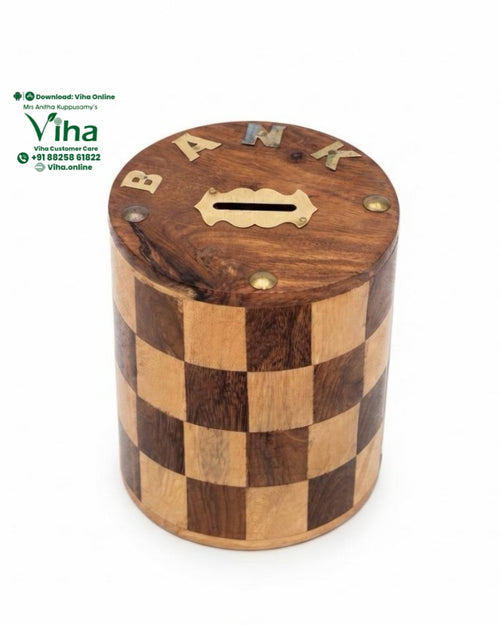 Wooden Chess Money Bank, a round wooden container with a checkered pattern and four gold-toned letters on top