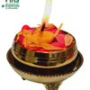 Jaladeepam mini urli in brass on three legs, water with floating flower petals and a lit wick