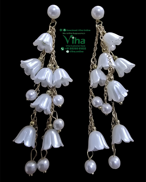Stylish Floral & Beads Stud, a pair of gold-toned drop earrings with white bell-shaped beads and round pearl-like studs on fine chains