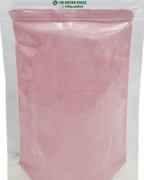 Pomegranate Fruit Powder, a rectangular transparent plastic pouch filled with fine pink powder and sealed at the top