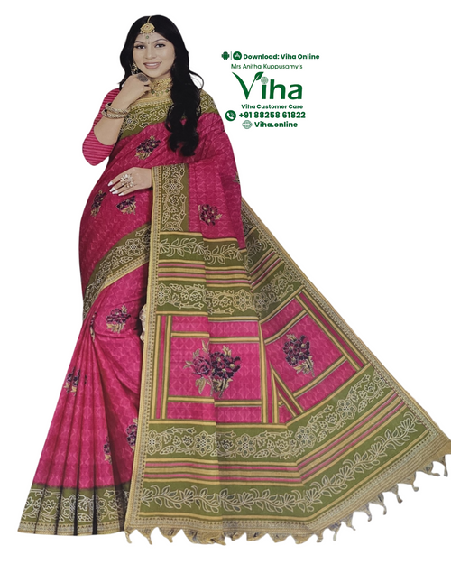 100% Pure Cotton Saree With Blouse in pink, olive green and cream with floral patterns and geometric border