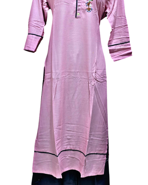 Soft Cotton Kurti Set - XL, a pink tunic featuring black piping on the mandarin collar placket, sleeve cuffs, and hem, worn over a dark skirt