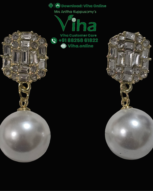 Stone & Pearl Stud, a pair of gold-toned earrings featuring rectangular and round clear stones in hexagonal settings suspending large white beads