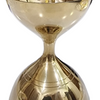 Athma Vilakku Brass, a gold-toned shiny metal hourglass-shaped object with a bowl top and domed base featuring two circular engraved lines