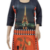 American Crepe Kurti Size :- XL, a black and orange knee-length dress with a photographic print of the Eiffel Tower and a still life graphic