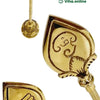 Murugan Vel - Brass, three gold-toned metallic leaf-shaped artifacts featuring embossed symbols and thin stems, captured against a plain white background