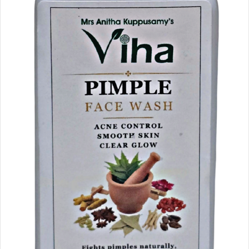 Viha's Pimple Face Wash, a white rectangular plastic bottle with a gold-toned cap featuring text and graphics on the front label