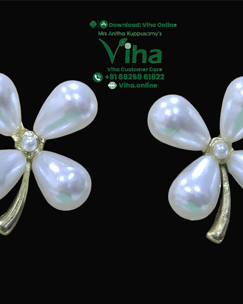 Stylish & Fancy Stud, two gold-toned clover-shaped ornaments featuring four pear-shaped white beads and one small bead at the center each