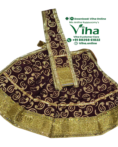 Amman Pavadai Set, maroon and gold-toned fabric with paisley patterns, featuring a flared skirt shape, a long vertical strap, and metallic border trims