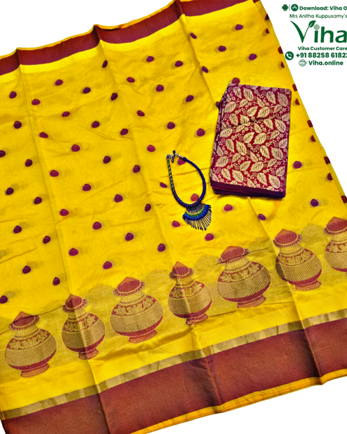 Cotton Silk Saree With Blouse & With Necklace, yellow and maroon polka dot pattern
