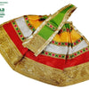 Amman Pavadai Set, a flared red, white, yellow, and green fabric garment with gold-toned metallic borders and embroidered patterned trim bands