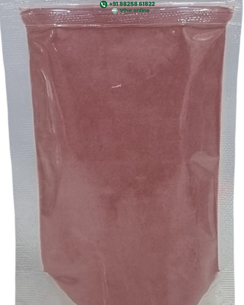 Craneberry Fruit Powder, a rectangular clear plastic pouch containing dull pink powder, with a glossy finish and a ziplock closure top