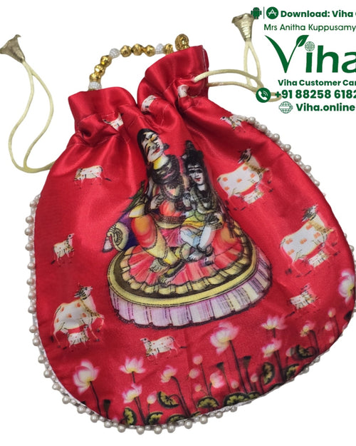 Krishna Potli Bag, red drawstring pouch with gathered top and beaded handle