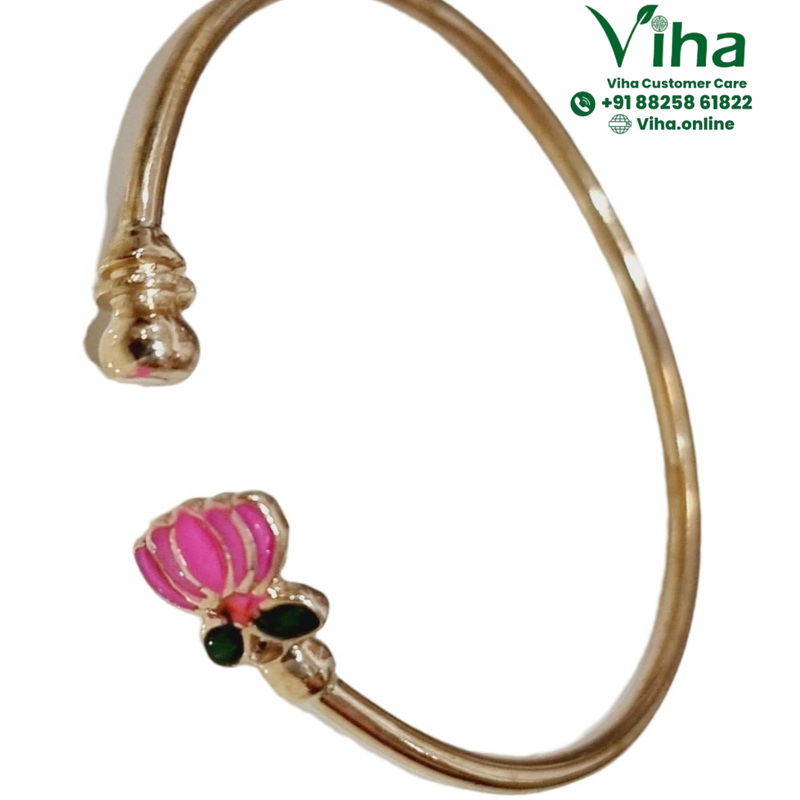 Impon Lotus Bracelet, cuff band with ornate terminal and pink and green accents