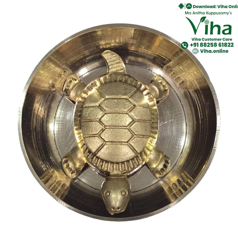 Vastu Tortoise Yantra Brass, a polished gold-toned bowl holding a matching tortoise figure with four legs, a tail and a ridged shell
